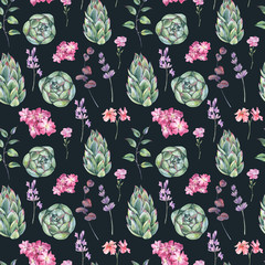 Watercolor succulent seamless pattern with pink flowers and lavender. Vintage natural botanical texture