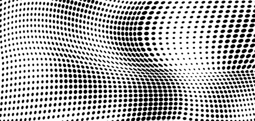 Halfton black and white. Abstract chaotic waves from points. Vector modern optical pop art texture for posters, business cards, cover