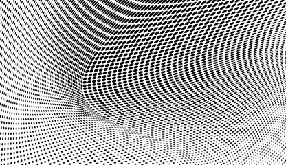 Halfton black and white. Abstract chaotic waves from points. Vector modern optical pop art texture for posters, business cards, cover