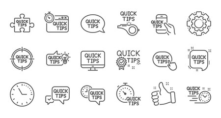 Quick tips line icons. Helpful tricks, Solution and Quickstart guide. Tutorial linear icon set. Quality line set. Vector