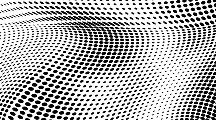 Halfton black and white. Abstract chaotic waves from points. Vector modern optical pop art texture for posters, business cards, cover