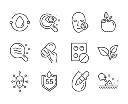 Set Of Healthcare Icons, Such As Ph Neutral, Face Biometrics, Leaves, Skin Moisture, Problem Skin, Medical Tablet, Eco Food, Eye Drops, Cold-pressed Oil, Capsule Pill, Vision Test. Vector