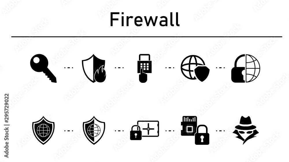 Poster firewall simple concept icons set. contains such icons as web key, fire shield, pin code, global shi