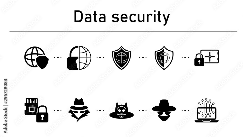 Poster data security simple concept icons set. contains such icons as global shield, globe and lock, bank s