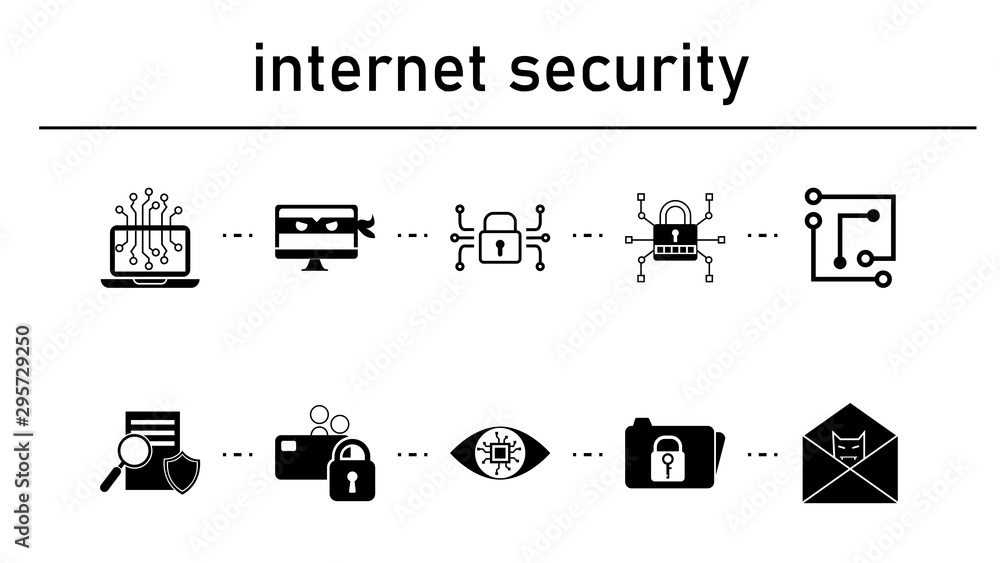 Poster internet security simple concept icons set. contains such icons as laptop chip, hacker, electronic l