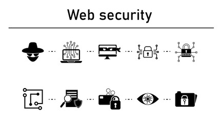 Web security simple concept icons set. Contains such icons as spy, agent, laptop chip, hacker, electronic lock on white background