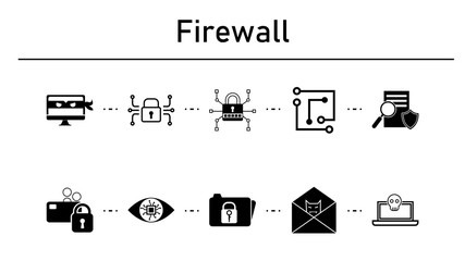 Firewall simple concept icons set. Contains such icons as hacker in monitor, electronic lock , laptop chip, document with security shield sign on white background