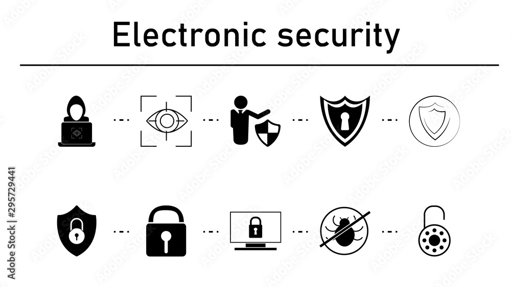 Poster electronic security simple concept icons set. contains such icons as hacker, eye, man shield and pro