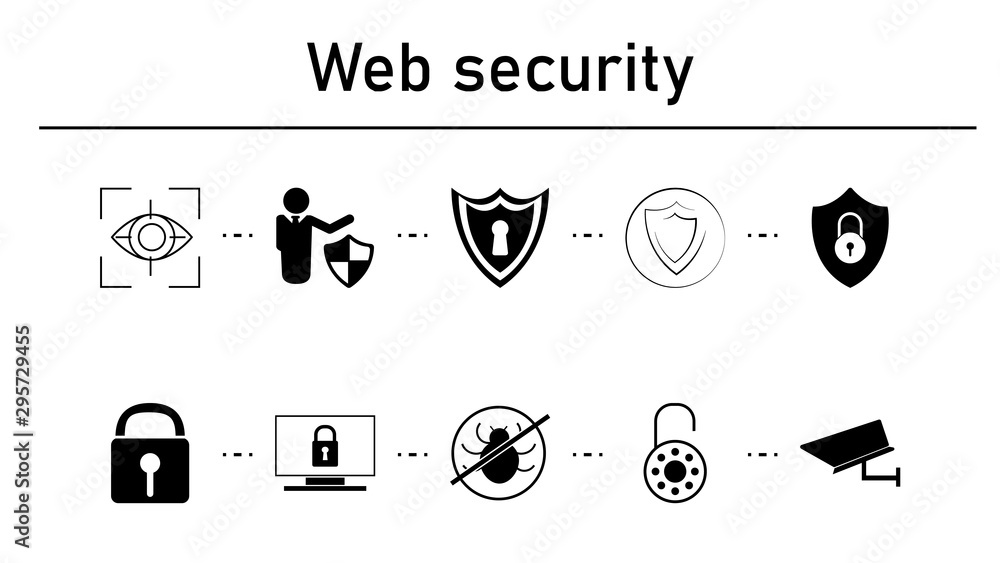 Poster web security simple concept icons set. contains such icons as eye, man shield and protect, security 