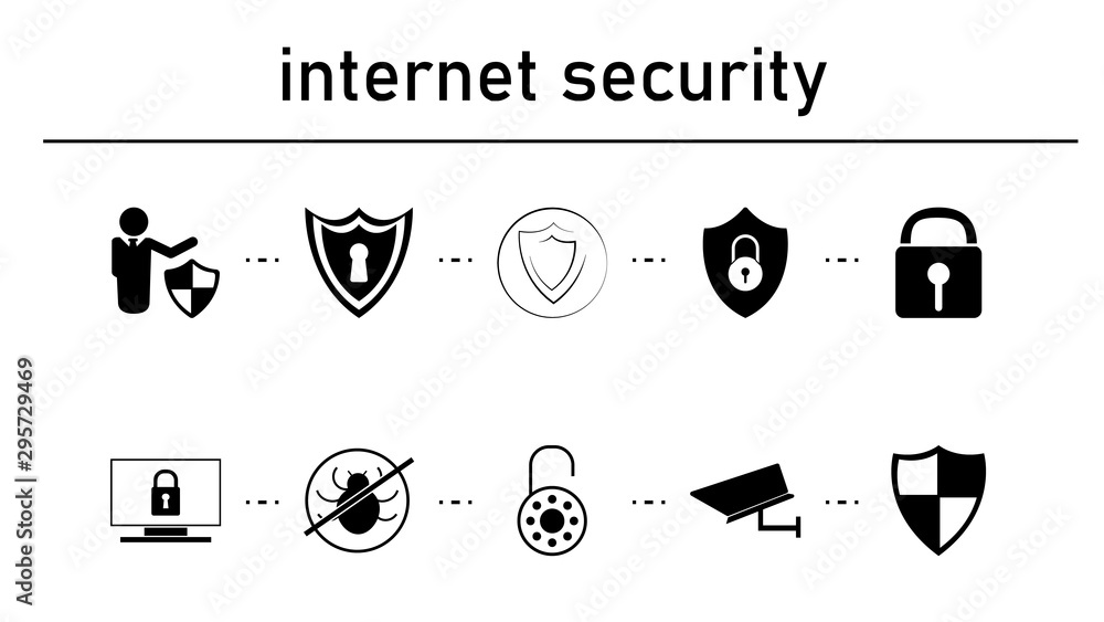 Poster internet security simple concept icons set. contains such icons as man shield and protect, design ke