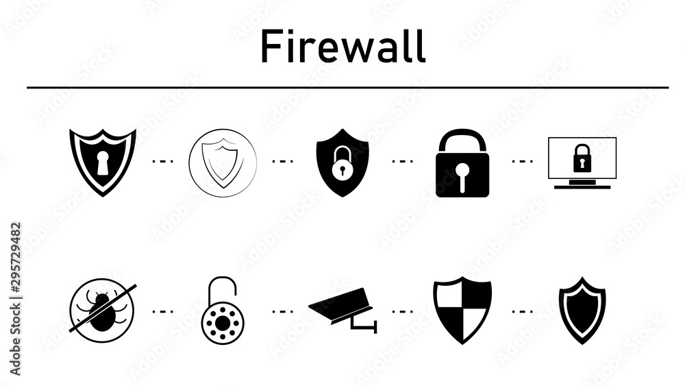 Poster firewall simple concept icons set. contains such icons as design shield keyhole, desktop computer an