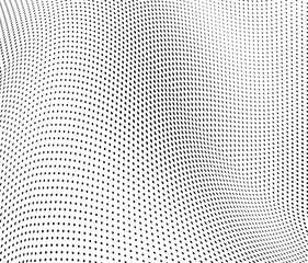 Halfton black and white. Abstract chaotic waves from points. Vector modern optical pop art texture for posters, business cards, cover