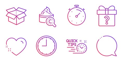 Time, Open box and Timer line icons set. Collagen skin, Secret gift and Quick tips signs. Heart, Speech bubble symbols. Office clock, Delivery package. Business set. Gradient time icon. Vector