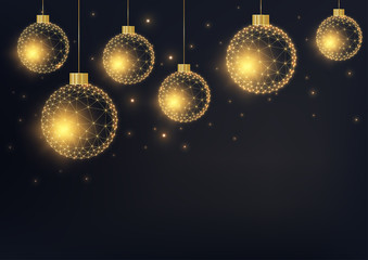 Fototapeta na wymiar Merry Christmas greeting card template with golden geometric glowing baubles on black background.