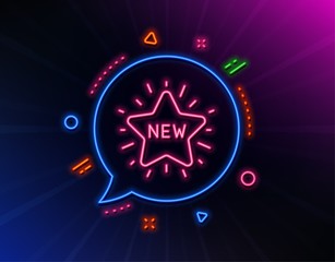 New star line icon. Neon laser lights. Sale shopping sign. Clearance symbol. Glow laser speech bubble. Neon lights chat bubble. Banner badge with new star icon. Vector