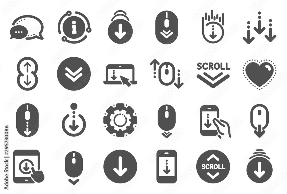 Poster scroll down icons. scrolling mouse, landing page swipe signs. mobile device technology icons. websit