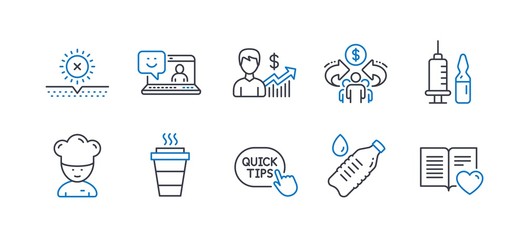 Set of Business icons, such as Takeaway, Smile, Medical vaccination, Water bottle, Cooking chef, No sun, Sharing economy, Quick tips, Business growth, Love book line icons. Line takeaway icon. Vector