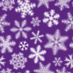 Fototapeta na wymiar Christmas seamless pattern of white defocused snowflakes on purple background