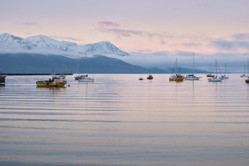 Obraz na płótnie Canvas Fishing boats on calm sea at sunset