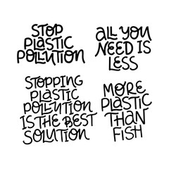No plastic pollution hand drawn vector letterings set