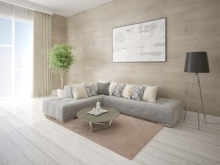 Mock up fashionable living room with a comfortable corner sofa and stylish modern background.
