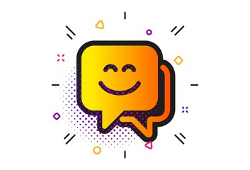 Happy emoticon chat sign. Halftone circles pattern. Smile face icon. Speech bubble symbol. Classic flat smile face icon. Vector