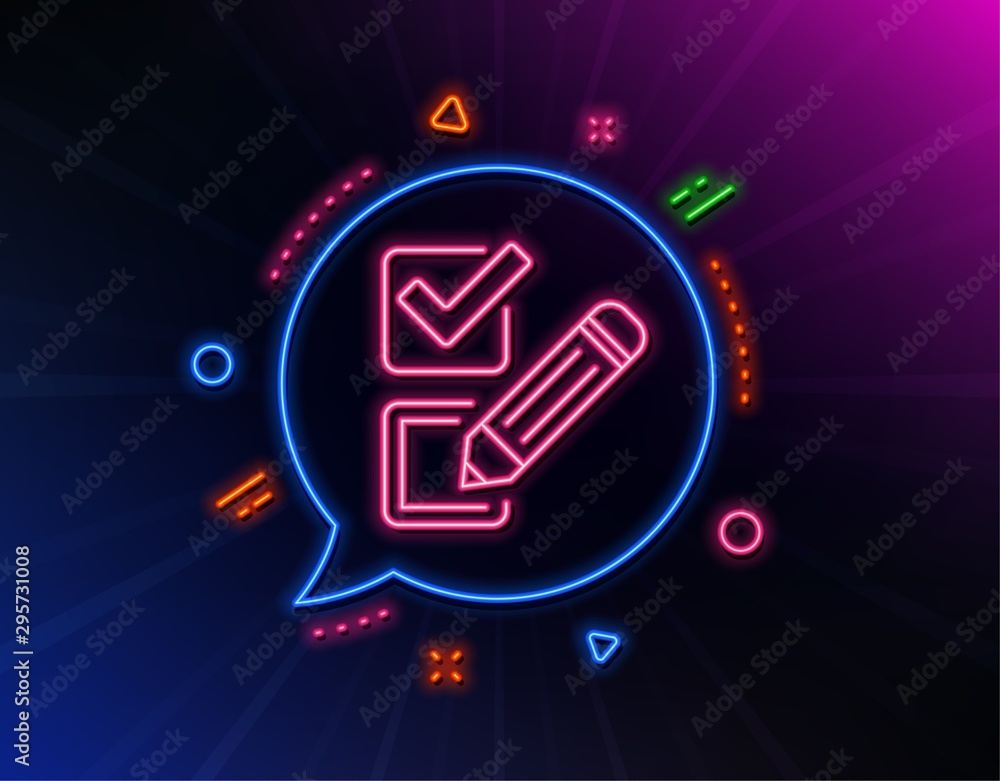 Poster checkbox line icon. neon laser lights. survey choice sign. business review symbol. glow laser speech