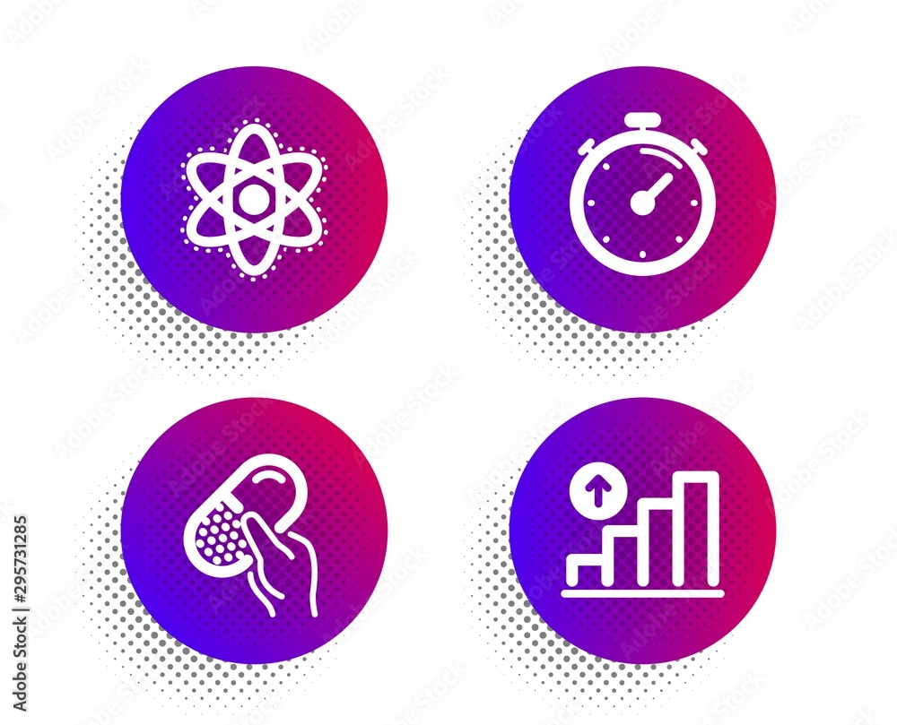 Poster capsule pill, timer and chemistry atom icons simple set. halftone dots button. graph chart sign. med