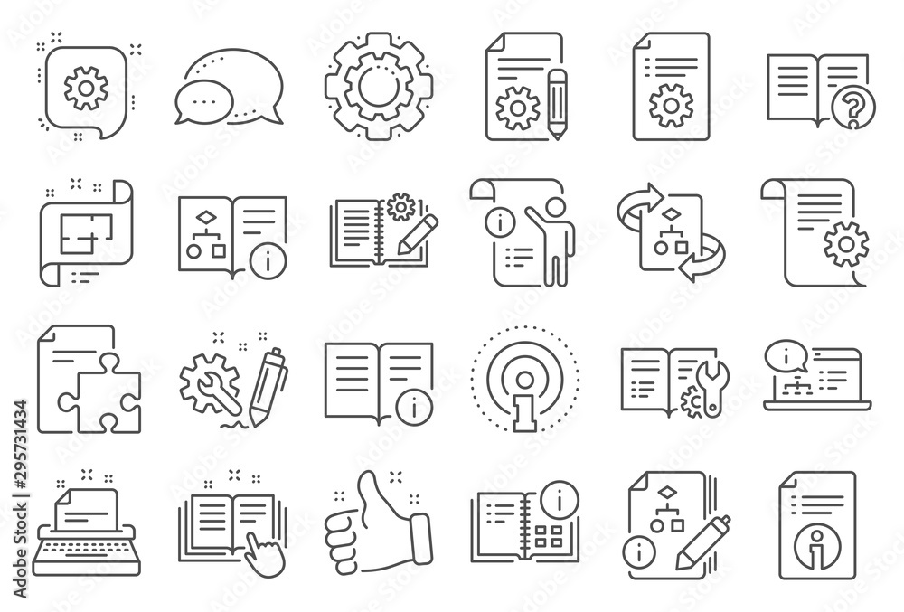 Poster technical document line icons. set of instruction, plan and manual icons. help document, building pl