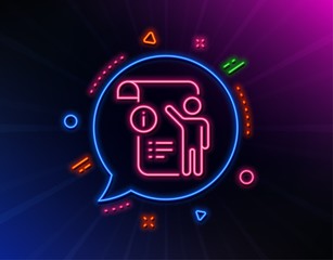 Manual doc line icon. Neon laser lights. Technical instruction sign. Glow laser speech bubble. Neon lights chat bubble. Banner badge with manual doc icon. Vector