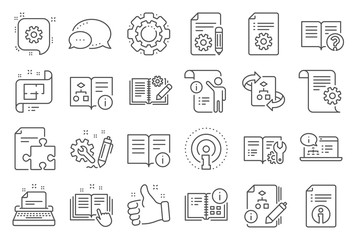Technical document line icons. Set of Instruction, Plan and Manual icons. Help document, Building plan and Algorithm symbols. Technical blueprint, Engineering instruction, Work tool, building. Vector - obrazy, fototapety, plakaty