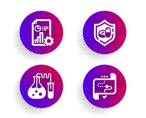 Medical tablet, Report and Chemistry lab icons simple set. Halftone dots button. Target path sign. Medicine pill, Presentation document, Laboratory. Business aim. Business set. Vector