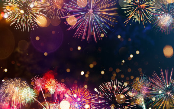 Colorful Firework With Bokeh Background. New Year Celebration, Abstract Holiday Background