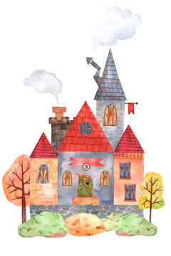 Cute forest house on a stump of watercolor elements. Great for postcards, souvenirs, posters, baby stickers © CreatArtStudio