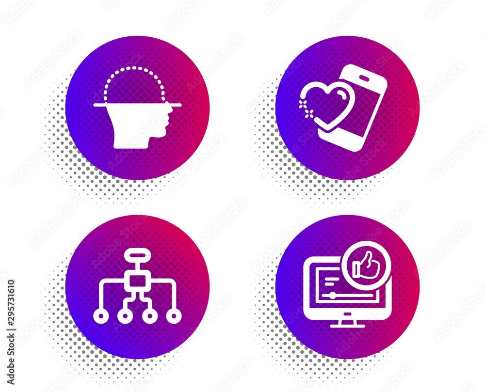 Poster face scanning, heart and restructuring icons simple set. halftone dots button. like video sign. face