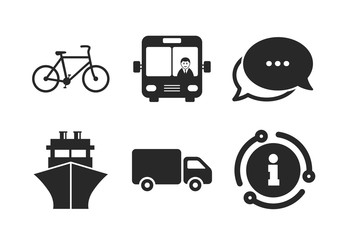 Truck, Bicycle, Public bus with driver and Ship signs. Chat, info sign. Transport icons. Shipping delivery symbol. Family vehicle sign. Classic style speech bubble icon. Vector