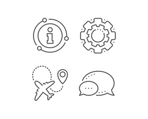 Airplane line icon. Chat bubble, info sign elements. Plane flight transport sign. Aircraft symbol. Linear airplane outline icon. Information bubble. Vector