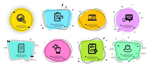 Augmented reality, Touchscreen gesture and Report checklist line icons set. Chat bubbles with quotes. Megaphone checklist, Quick tips and Document signs. Seo analysis, Seo laptop symbols. Vector