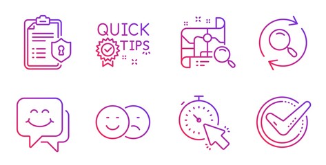 Timer, Privacy policy and Like line icons set. Search map, Search and Quick tips signs. Smile face, Confirmed symbols. Time management, Checklist. Technology set. Gradient timer icon. Vector