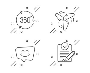 Wind energy, Smile chat and 360 degree line icons set. Rfp sign. Ventilator, Happy face, Virtual reality. Request for proposal. Technology set. Line wind energy outline icon. Vector