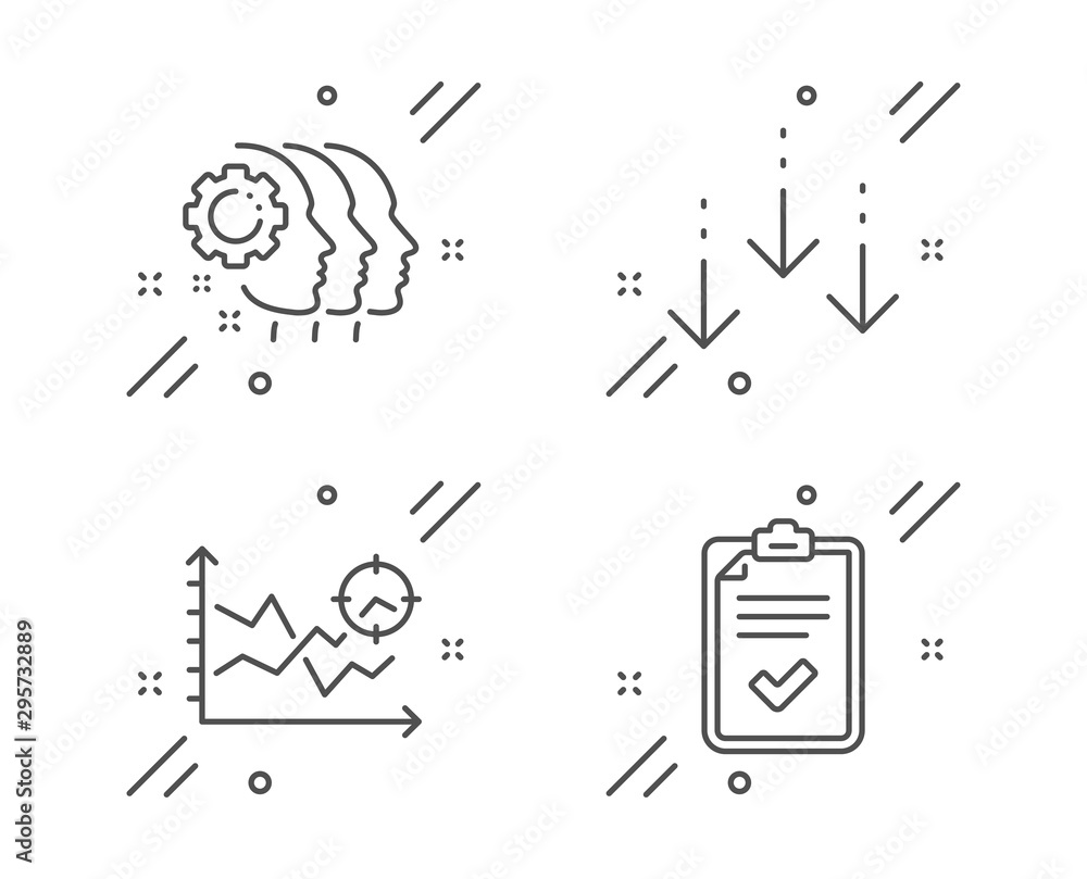 Poster scroll down, seo analysis and employees teamwork line icons set. checklist sign. swipe screen, targe