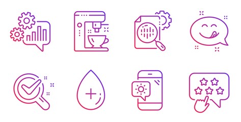 Weather phone, Seo stats and Oil serum line icons set. Cogwheel, Yummy smile and Chemistry lab signs. Coffee maker, Ranking star symbols. Travel device, Cogwheel. Technology set. Vector