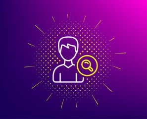 Search User line icon. Halftone pattern. Profile Avatar with Magnifying glass sign. Male Person silhouette symbol. Gradient background. Search people line icon. Yellow halftone pattern. Vector