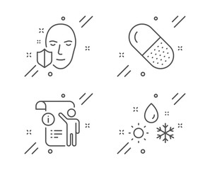 Fototapeta premium Face protection, Manual doc and Capsule pill line icons set. Weather sign. Secure access, Project info, Medicine drugs. Climate. Science set. Line face protection outline icon. Vector