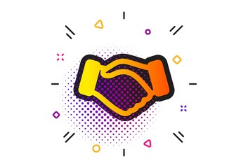 Hand gesture sign. Halftone circles pattern. Handshake icon. Business deal palm symbol. Classic flat handshake icon. Vector