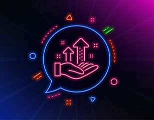 Fototapeta premium Analysis graph line icon. Neon laser lights. Results chart sign. Traffic management symbol. Glow laser speech bubble. Neon lights chat bubble. Banner badge with analysis graph icon. Vector