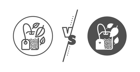 Fresh herbal beverage sign. Versus concept. Mint Tea bag line icon. Mentha leaves symbol. Line vs classic mint bag icon. Vector