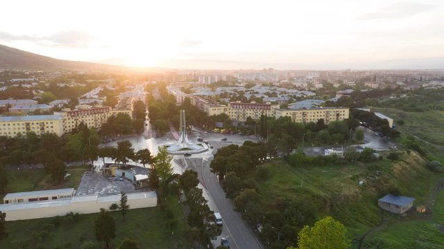 City Drone Hyperlapse buildings in Georgian Rustavi city. Old soviet block of flats concrete building living houses 50fps