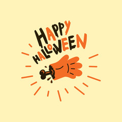 Greeting card with zombie hand with bone.Halloween party invitations with handwritten calligraphy.Happy Halloween text.Flat design.Vector.Poster or sticker 