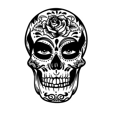 Vector hand drawn illustration of Day Of The Dead Skull. Skull sugar flower. Skull tattoo isolated on white.